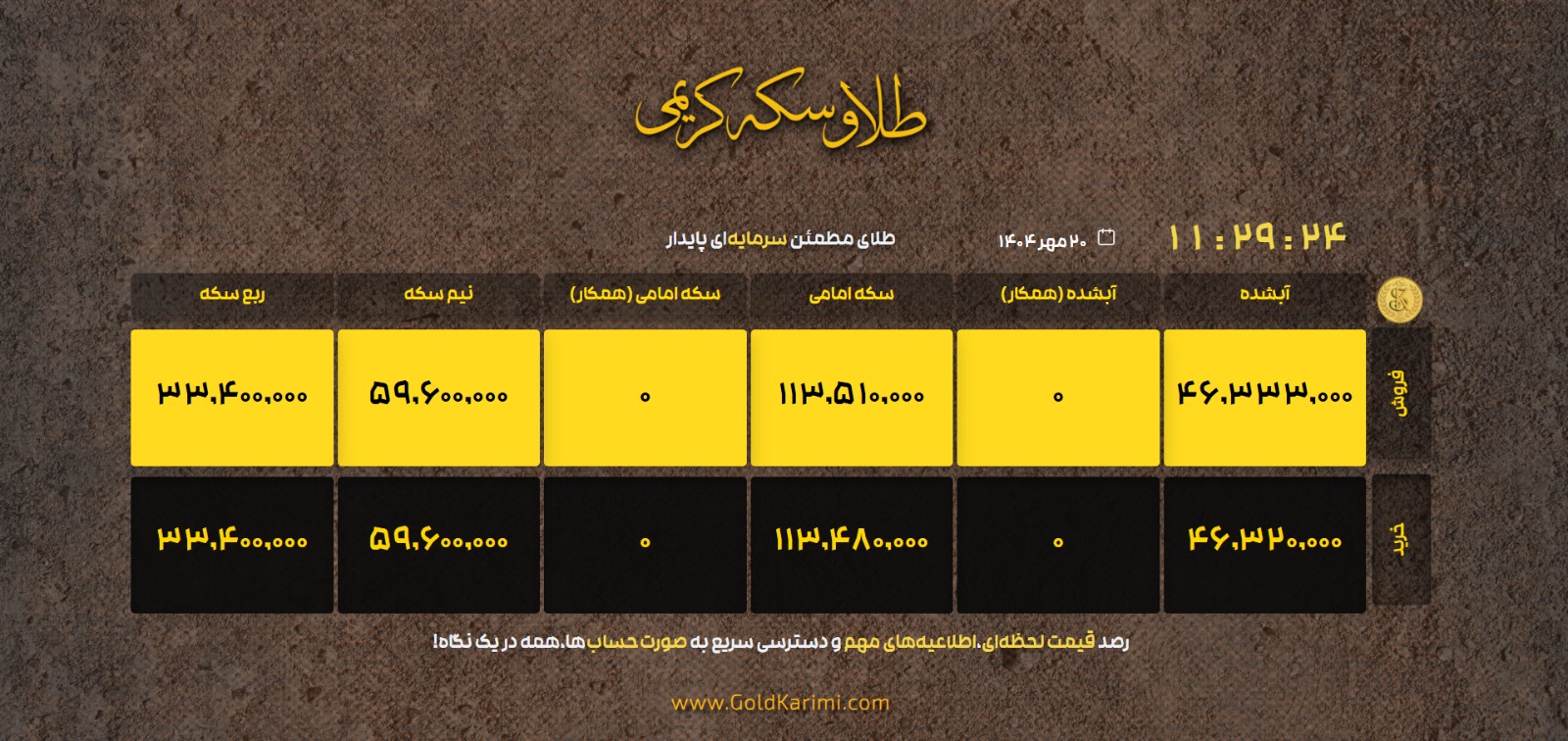 صفحه وب اپلیکیشن قیمت لحظه ای طلا و سکه کریمی
